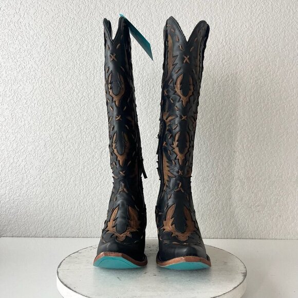 Lane Reverie Knee High Womens Cowboy Boots 6 Black Brown Western Cowgirl Lace Up - Picture 5 of 11